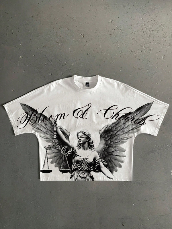 Manfinity ZONE917 Boxy Cropped Loose Hiphop Streetwear Angel Print Short Sleeve T-Shirt, Streetwear Enthusiast, Gift For Boyfriend, Rappers (High Quality)