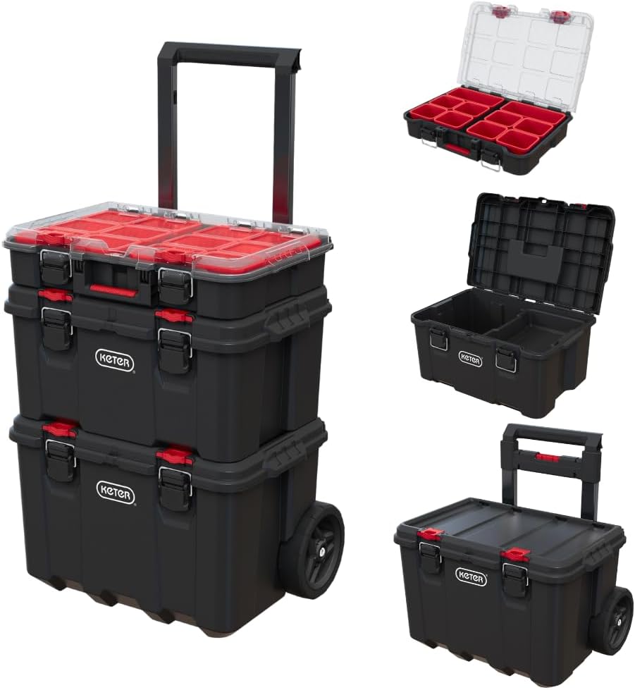 Garage Tool Organizer, Keter Stack-n-Roll Modular Tools Organizer for Garage Storage and DIY, 3 Piece Resin Rolling Tool Box System for Small Parts