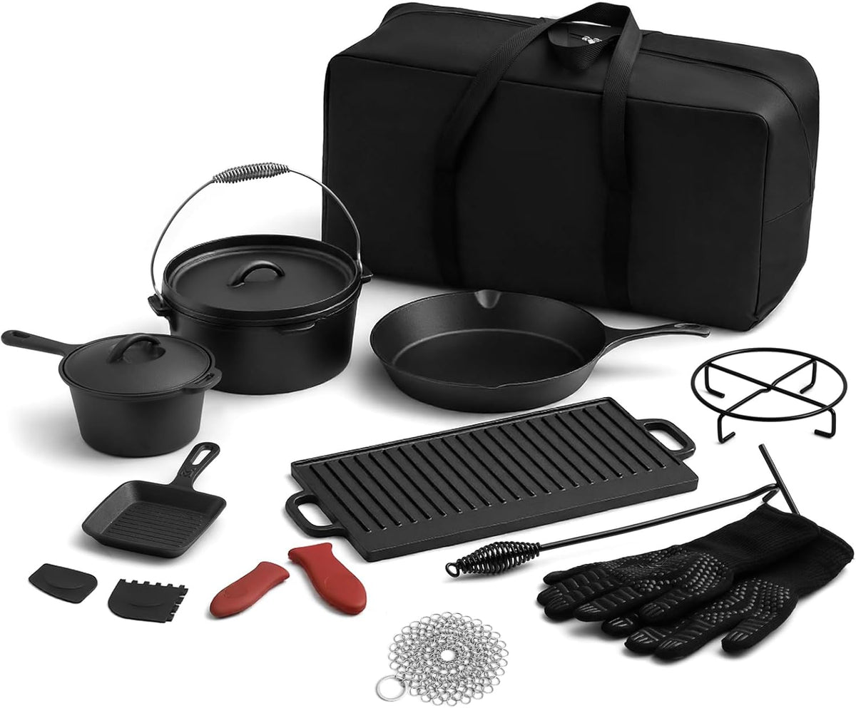 Geetery 15 Pcs Pre-seasoned Cast Iron Cookware Set, Dutch Oven Camping Accessories Kit with Skillet, Pan, Pot, Gloves, Lid Lifter, Storage Bag