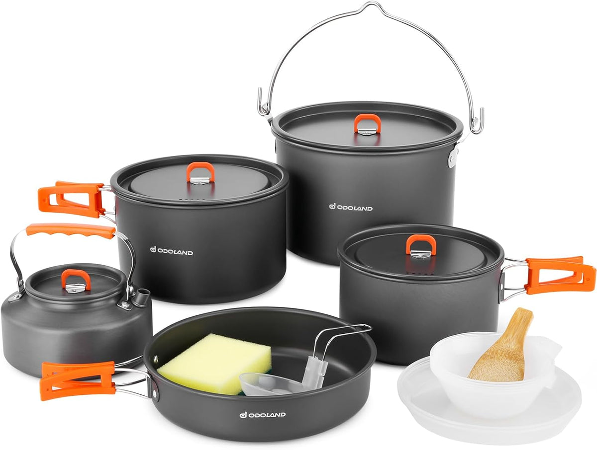 Camping Cookware Set, Odoland 18pcs Camping Cookware Large Size Hanging Pot Pan Kettle Set with Plastic Plates Bowls Soup Spoon for Camping