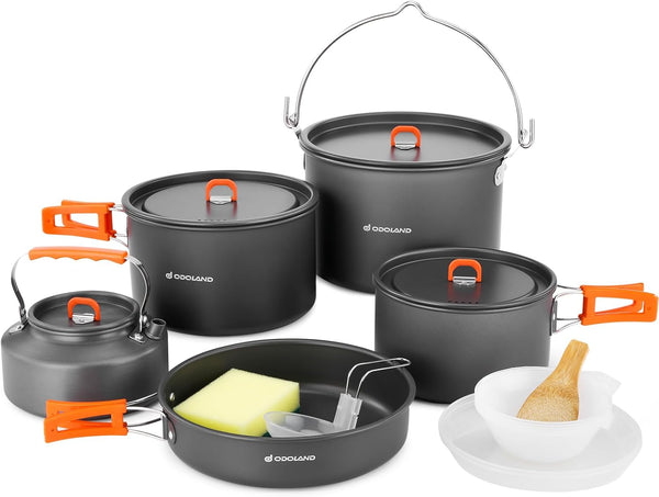 Camping Cookware Set, Odoland 18pcs Camping Cookware Large Size Hanging Pot Pan Kettle Set with Plastic Plates Bowls Soup Spoon for Camping