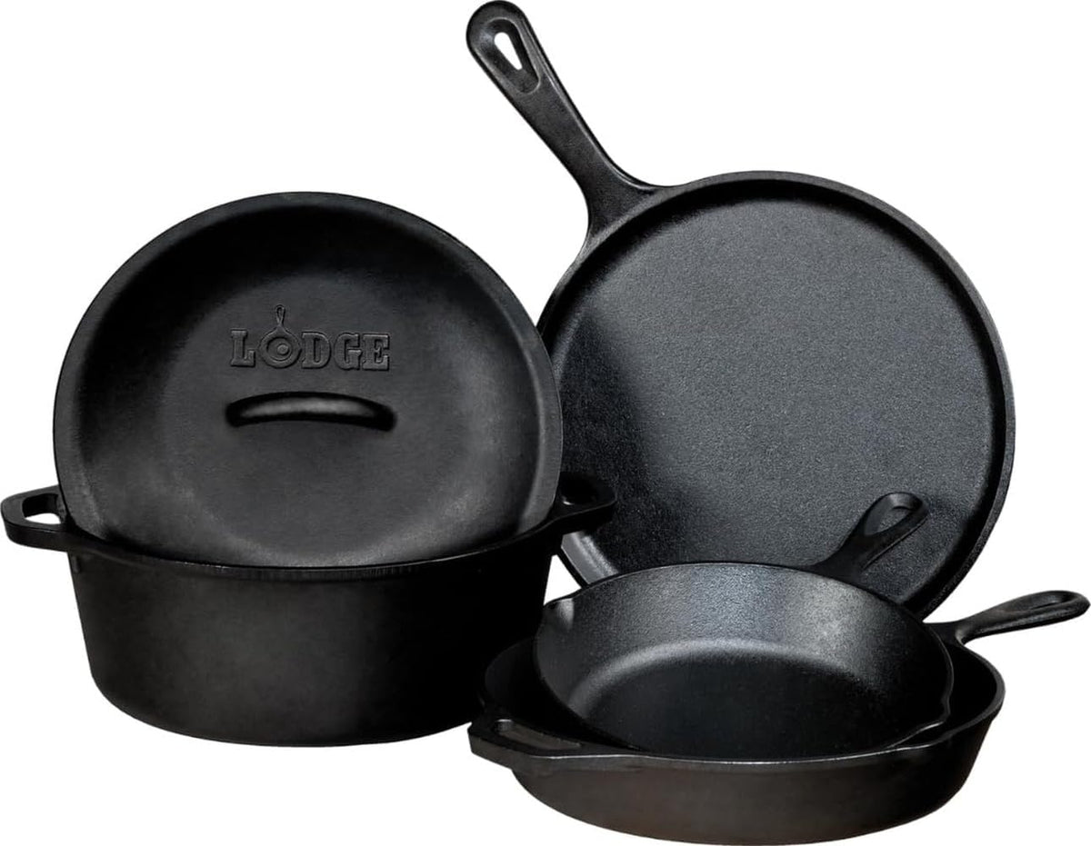 Cast Iron Cookware, Lodge Cast Iron Set, 5-Piece Set, Pre-Seasoned Kitchen Set, Skillets, Griddle & Dutch Oven Included, PFAS-Free Non-Toxic Cookware