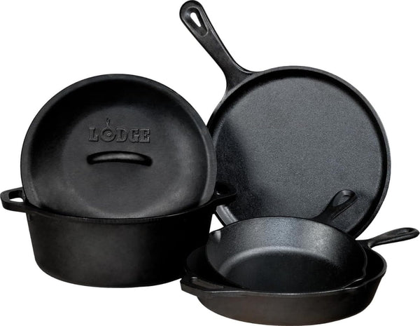 Cast Iron Cookware, Lodge Cast Iron Set, 5-Piece Set, Pre-Seasoned Kitchen Set, Skillets, Griddle & Dutch Oven Included, PFAS-Free Non-Toxic Cookware