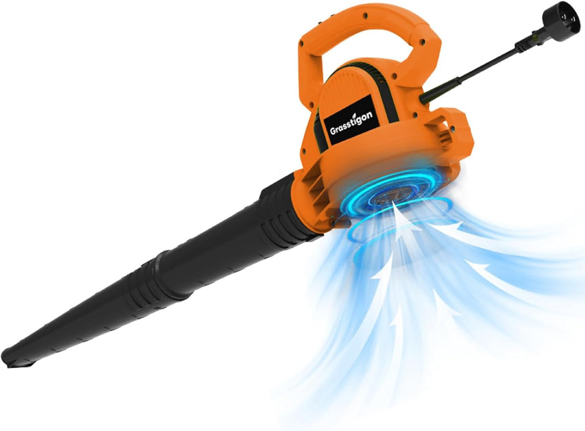 GRASSTIGON Electric Leaf Blower Corded, 7-Amp, 390CFM/ 210MPH, 2 Speed Modes, Powerful Lightweight Handheld Blowers for Lawn Care, Patio, Leaves, Dust