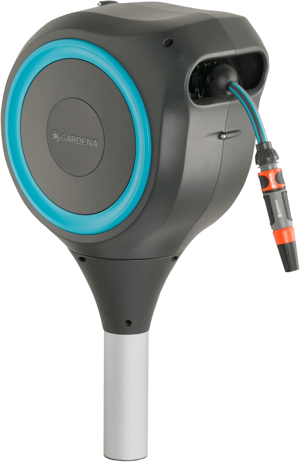 GARDENA Automatic Retractable Garden Hose Reel, 66 Feet, 360 Degree Swivel Outdoor Hose Reel with Metal Spike Base, Auto Retract, UV Resistant Housing