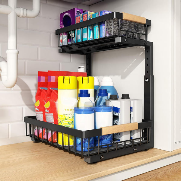 Home Storage Organizer, PXRACK Under Sink Organizer, Adjustable Height, 2 Tier Pull Out Under Cabinet Organizer