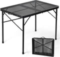 Camping Furniture, 2Ft Small Folding Table with Carry Handle, Camping Table Adjustable Height 10.6–22 in, Black Metal Mesh