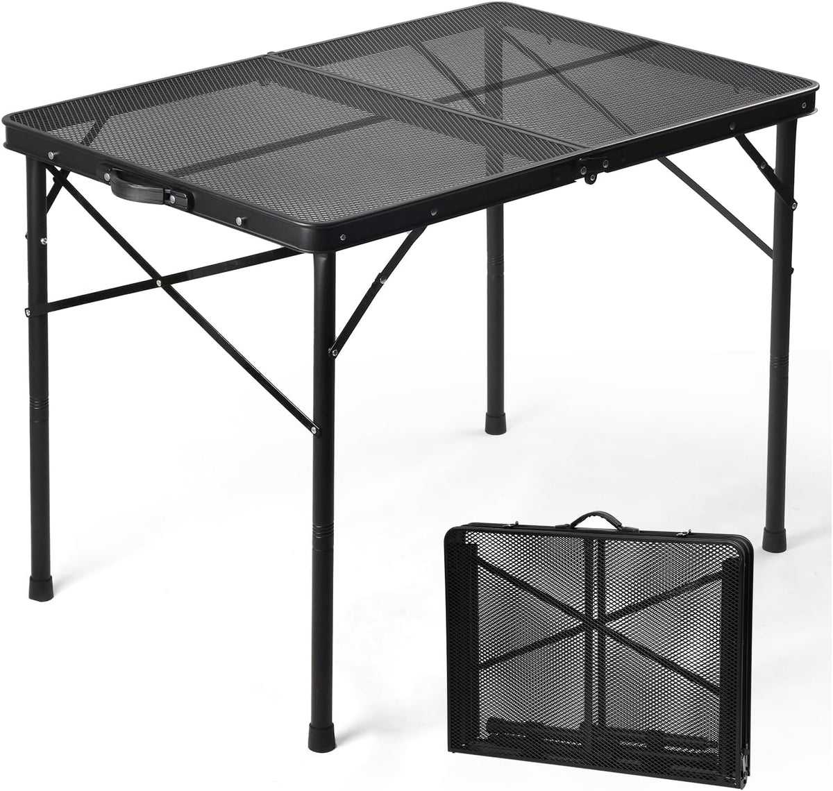 Camping Furniture, 2Ft Small Folding Table with Carry Handle, Camping Table Adjustable Height 10.6–22 in, Black Metal Mesh
