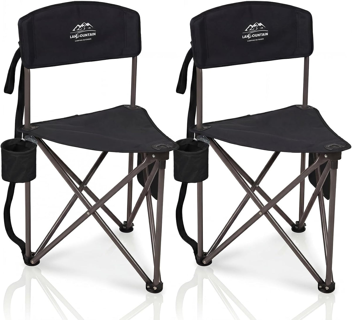 LANMOUNTAIN Home & Garden Product, 2 Pack Folding Camping Tripod Stool with Backrest & Cup Holder, Lightweight Portable Outdoor Chairs for Adults