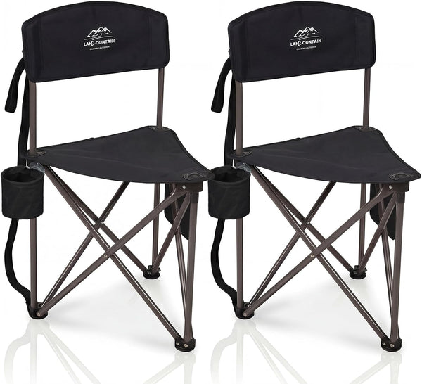 LANMOUNTAIN Home & Garden Product, 2 Pack Folding Camping Tripod Stool with Backrest & Cup Holder, Lightweight Portable Outdoor Chairs for Adults