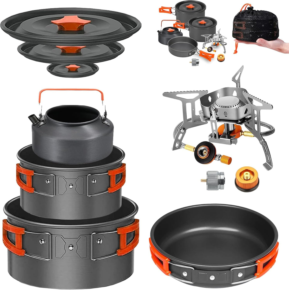 Smokey Camp Camping Cookware Mess Kit Set with Stove, Backpacking Camping Pots and Pans Set, All in One Non-Stick Camping Cooking Set, Portable Stove