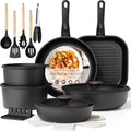 Cast Iron Cookware, Astercook 21 Pcs Pots and Pans Set Non Stick, Ceramic Cookware Set Detachable Handle, RV Kitchen Cooking Set Removable Handles