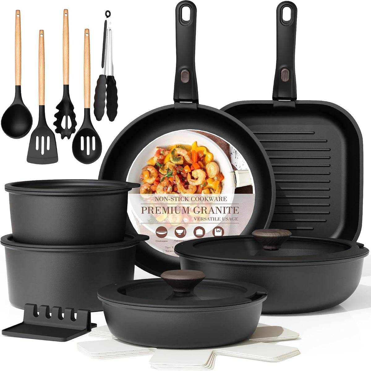 Cast Iron Cookware, Astercook 21 Pcs Pots and Pans Set Non Stick, Ceramic Cookware Set Detachable Handle, RV Kitchen Cooking Set Removable Handles