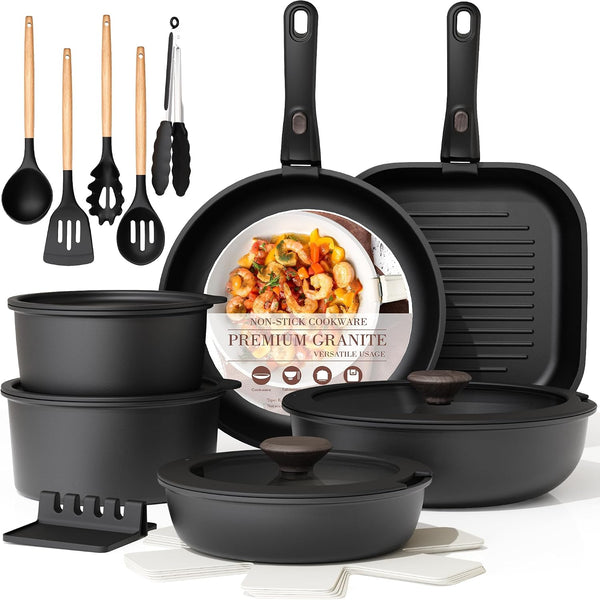 Cast Iron Cookware, Astercook 21 Pcs Pots and Pans Set Non Stick, Ceramic Cookware Set Detachable Handle, RV Kitchen Cooking Set Removable Handles