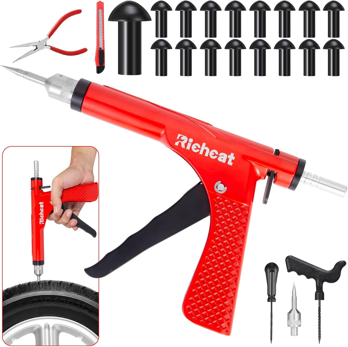 Tire Repair Kit, Richcat Tubeless Tire Puncture Repair Kit with Mushroom Plug, Repairs punctures and Flat Tires for Motorcycles, Cars, Trucks, ATVs