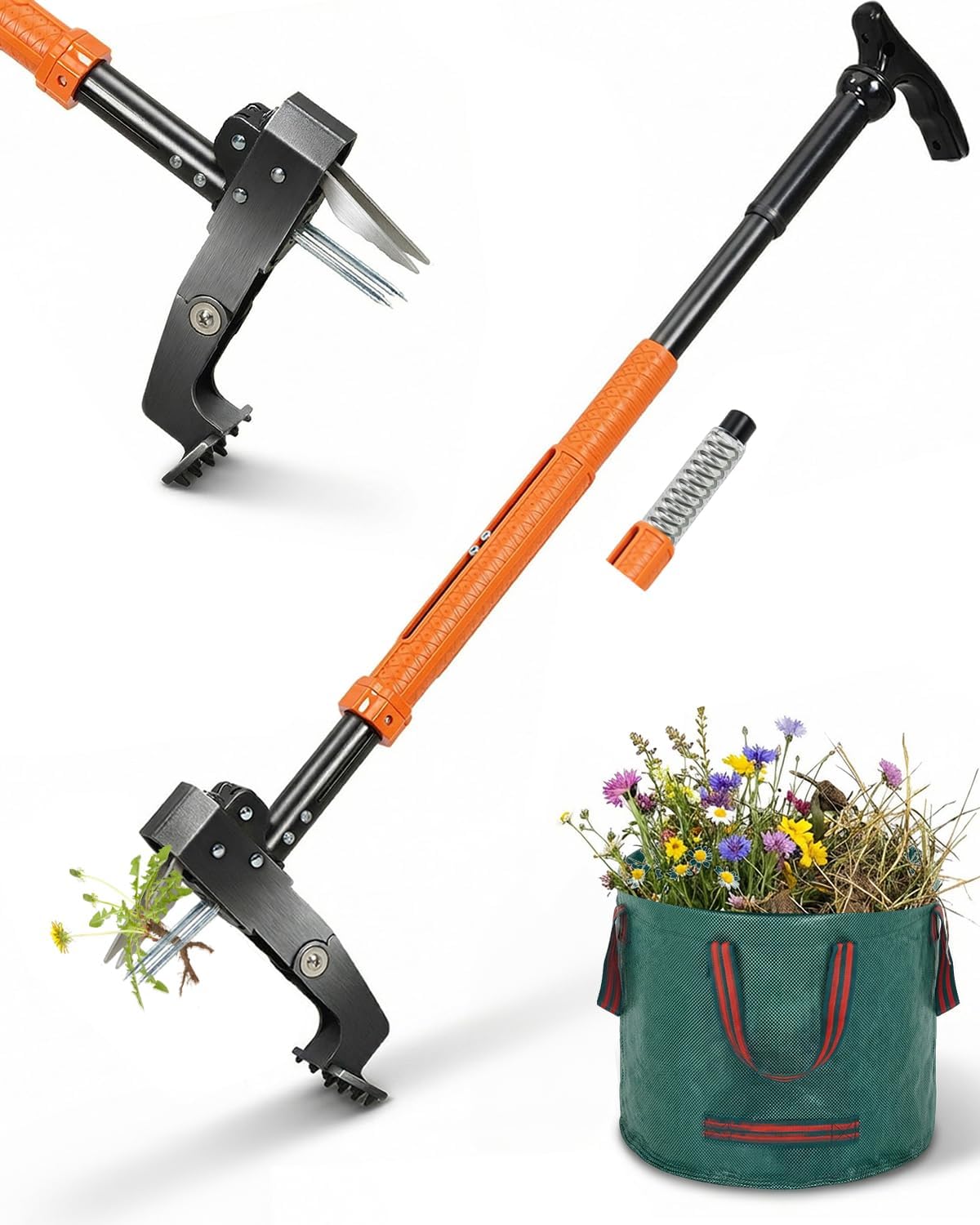 HAUSPROFI Stand Up Weed Puller Tool with 36-46 Inch Adjustable Long Handle and 50L Garden Bag