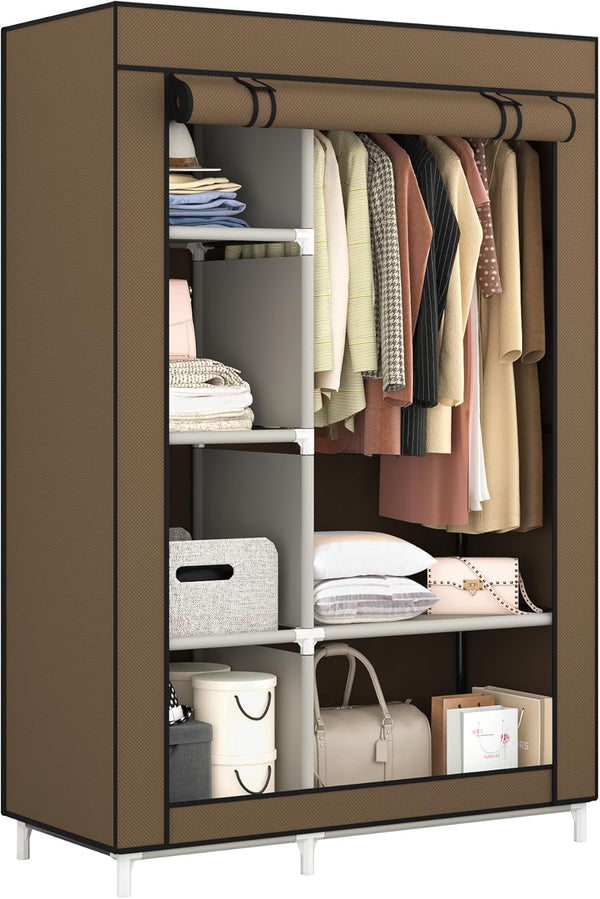 Calmootey Portable Closet Organizers, Clothing Storage, Wardrobe with 6 Shelves and Hanging Rod, Non-Woven Fabric Cover with 4 Side Pockets, Black