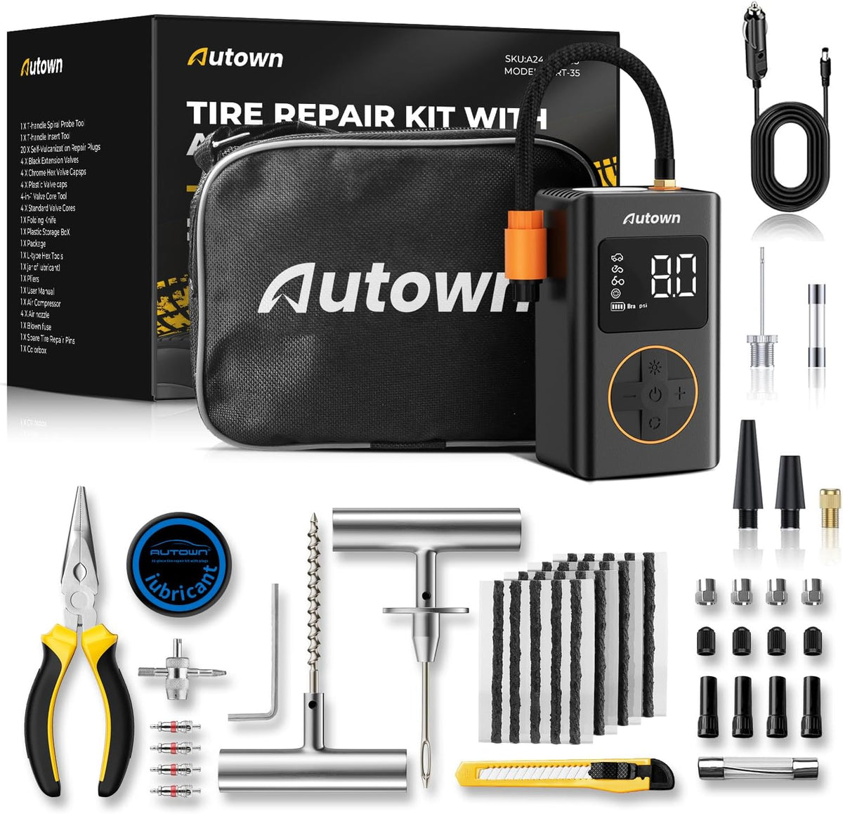 AUTOWN Flat Tire Repair Kit with Air Compressor 54 Pieces for Car, Motorcycle, ATV, Jeep, Truck, Tractor Flat Tire Repair (54PCS)