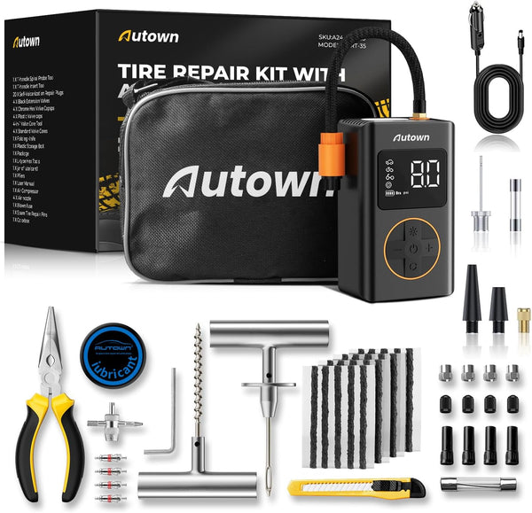 AUTOWN Flat Tire Repair Kit with Air Compressor 54 Pieces for Car, Motorcycle, ATV, Jeep, Truck, Tractor Flat Tire Repair (54PCS)