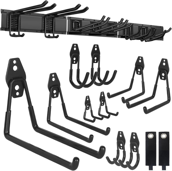 Garage Tool Organizer Wall Mount with 48 inches Rails and 6 Double-layer Hooks, Garden Tool Rack Heavy Duty