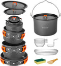 Camping Cookware Set, Odoland 18pcs Camping Cookware Large Size Hanging Pot Pan Kettle Set with Plastic Plates Bowls Soup Spoon for Camping