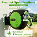 PQH Retractable Garden Hose Reel 100FT x 1/2 in, Wall Mount Water Hose Reel for Outside with Auto Rewind, Tangle-Free Guide, 180° Swivel Bracket