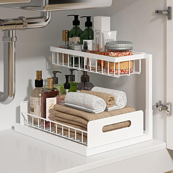 Home Storage Organizer, Under Sink Organizer, Pull Out Cabinet Organizer, 2 Tier Metal Slide Out Shelf with L Shaped Design for Kitchen, Bathroom