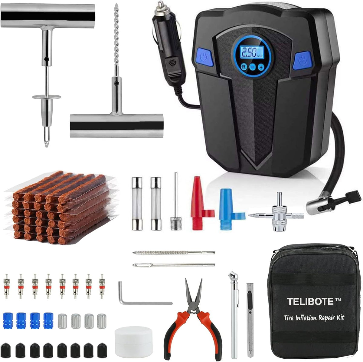TILIBOTE Tire Repair Kit, Tire Inflator Portable Air Compressor, Heavy Duty Flat Tire Repair Kit With 12V Air Pump For SVU, Car, Motorcycle, Truck