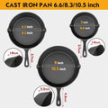Goeszooin Cast Iron Cookware, Cast Iron Skillet Set -3 Piece 6 inch, 8 inch and 10 inch Cast Iron Pan, with Scraper+Dish Sponge