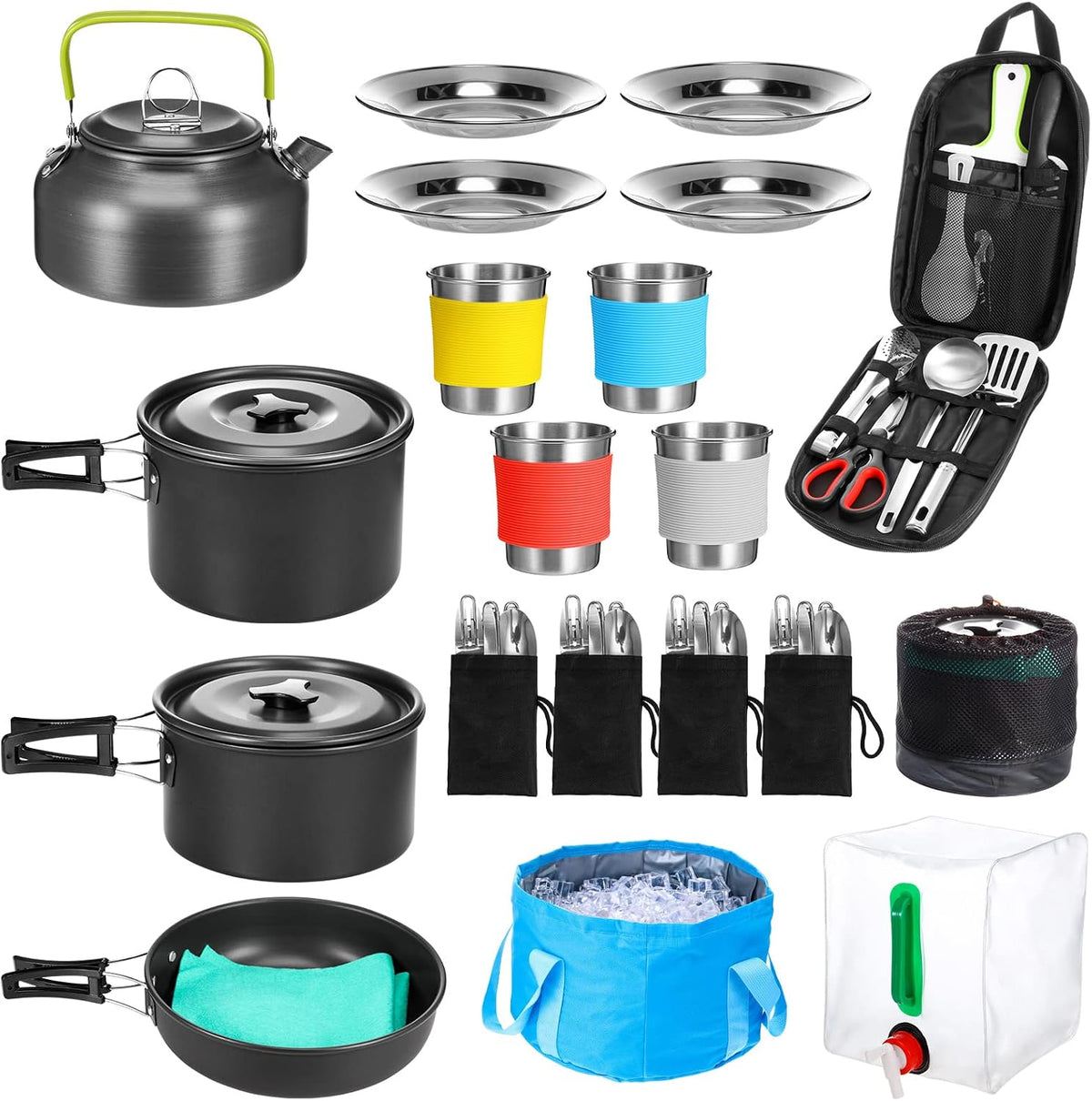 Camping Cookware Set, Gejoy 42 Pcs Camping Cookware Mess Kit, Non Stick Lightweight Pots Pan Kettle, Collapsible Water Container and Bucket