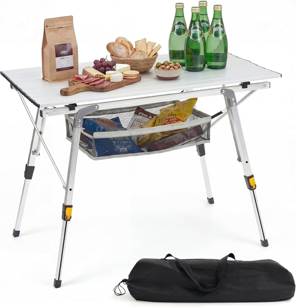 Dovov Camping Furniture, Camping Table Portable Foldable with Adjustable Legs, Aluminum Roll Up Table with Large Mesh Storage Layer & Carrying Bag