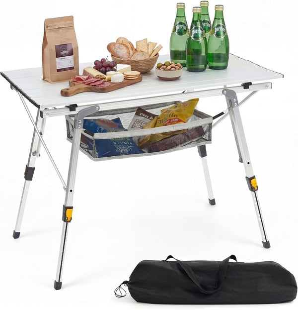 Dovov Camping Furniture, Camping Table Portable Foldable with Adjustable Legs, Aluminum Roll Up Table with Large Mesh Storage Layer & Carrying Bag