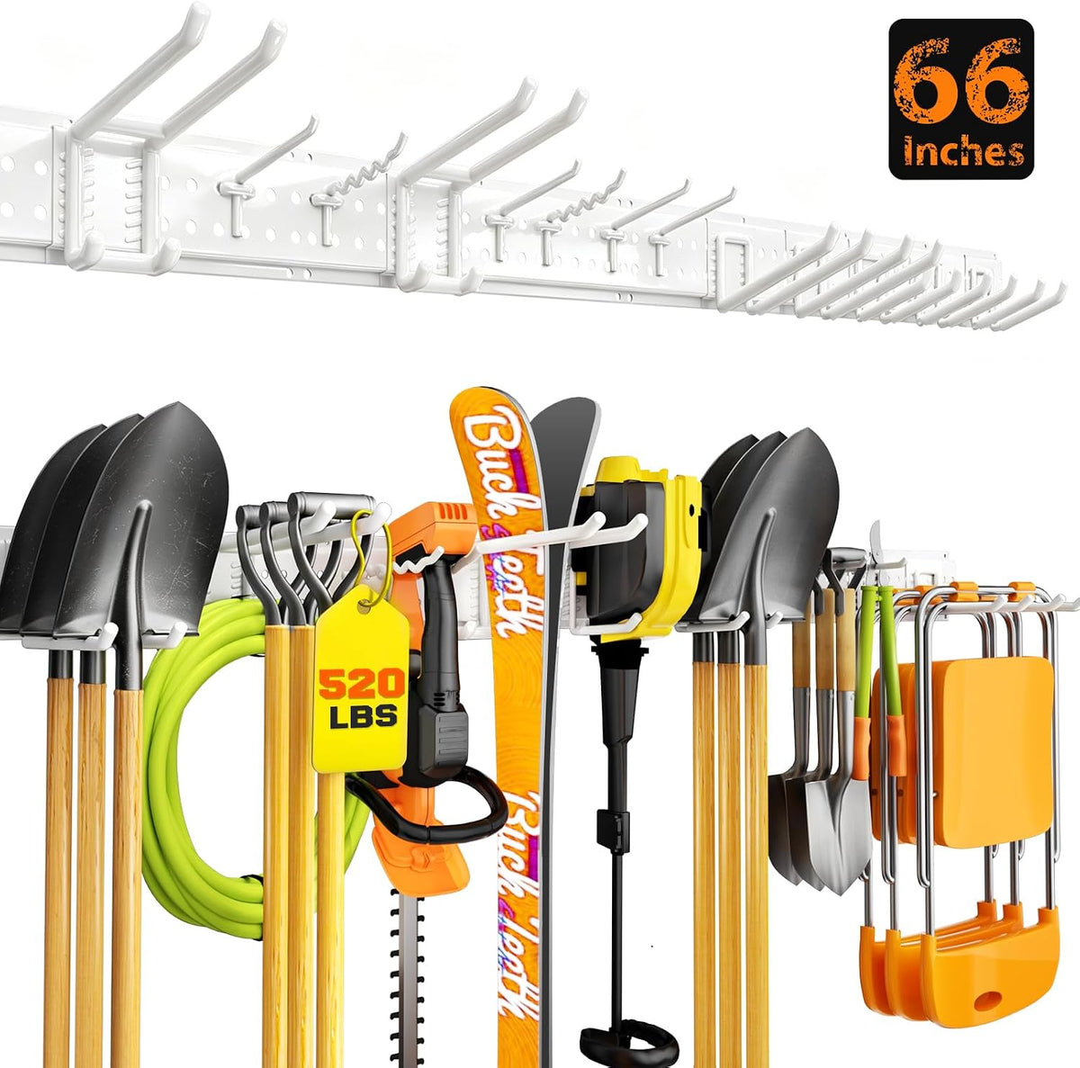 Garage Tool Organizer Wall Mount 66 inches with 13 Adjustable Heavy-Duty Hooks, Garage Organization, Garden Tool Storage Rack for Garage, Yard