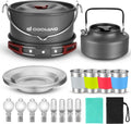 Camping Cookware Set, Odoland 22pcs Camping Cookware Mess Kit, Large Size Hanging Pot Pan Kettle with Base Cook Set for 4
