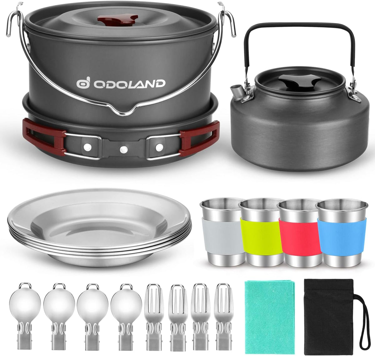 Camping Cookware Set, Odoland 22pcs Camping Cookware Mess Kit, Large Size Hanging Pot Pan Kettle with Base Cook Set for 4
