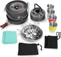 Camping Cookware Set, Odoland 22pcs Camping Cookware Mess Kit, Large Size Hanging Pot Pan Kettle with Base Cook Set for 4