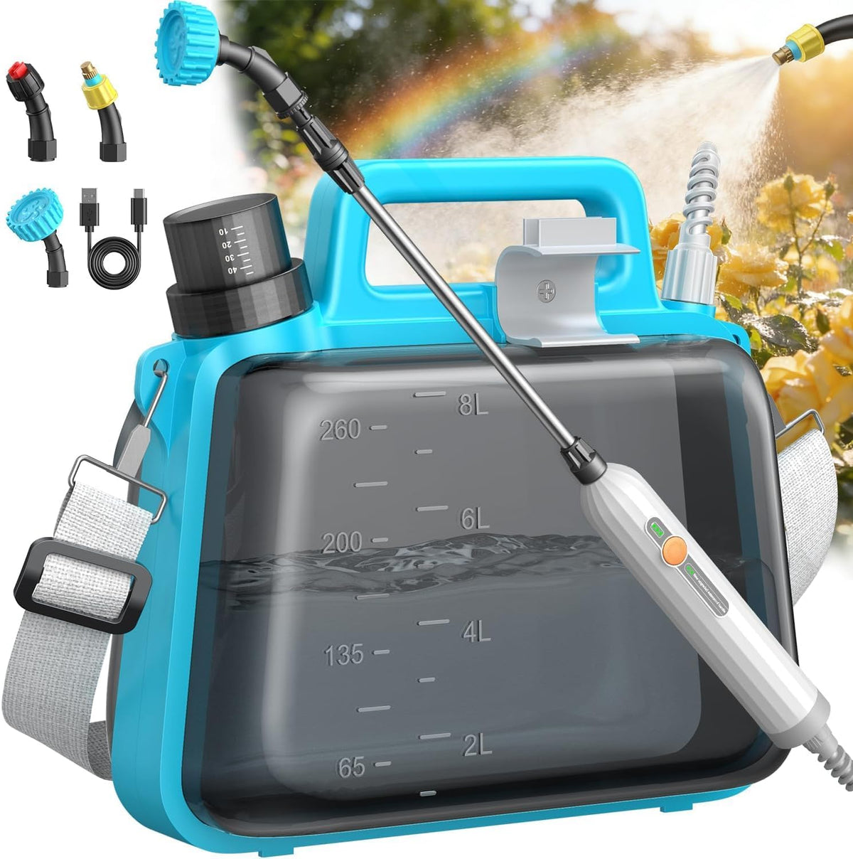 Tarden Battery Powered Garden Sprayer 2 Gallon, Electric Pump Sprayer with 3 Mist Nozzles, Rechargeable Handle, Telescopic Wand, Adjustable Strap