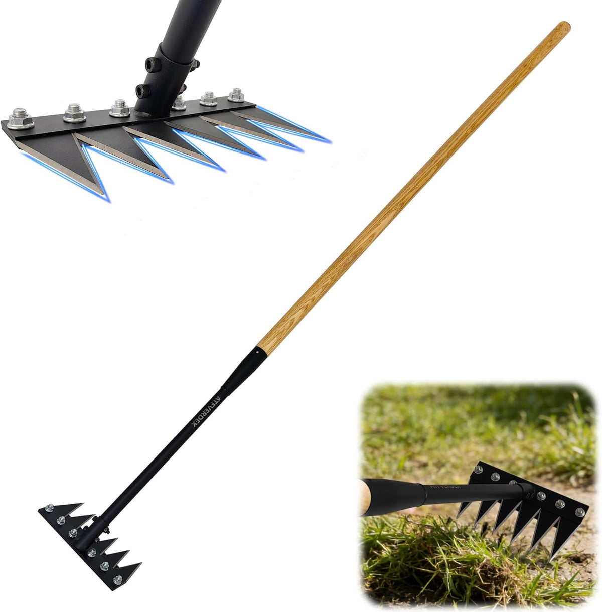 Stand Up Weed Puller, Gardenia Weeding Rake 2.0, 60" Forged Iron Weeding Rake with Exclusive Double-Edged Thickened 6-Tines & Long Wooden Handle