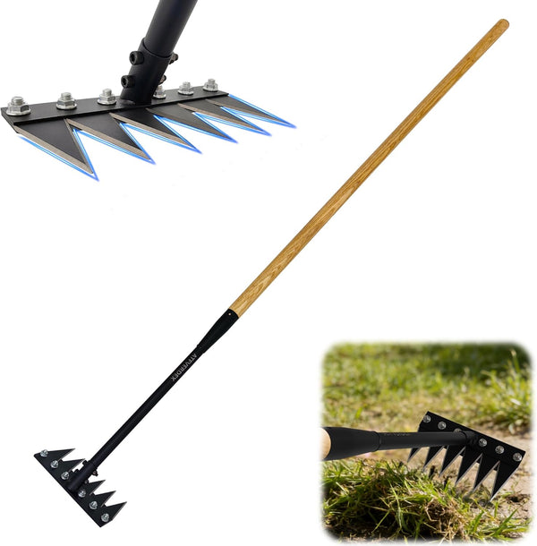 Stand Up Weed Puller, Gardenia Weeding Rake 2.0, 60" Forged Iron Weeding Rake with Exclusive Double-Edged Thickened 6-Tines & Long Wooden Handle