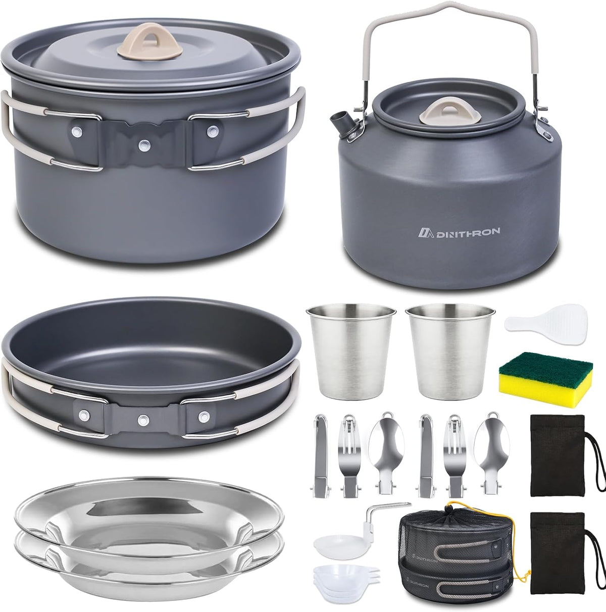 Dinithron 22-Piece Camping Cookware Set, Lightweight Non-Stick camping cooking set, Includes Large Pot, 1.6L Kettle
