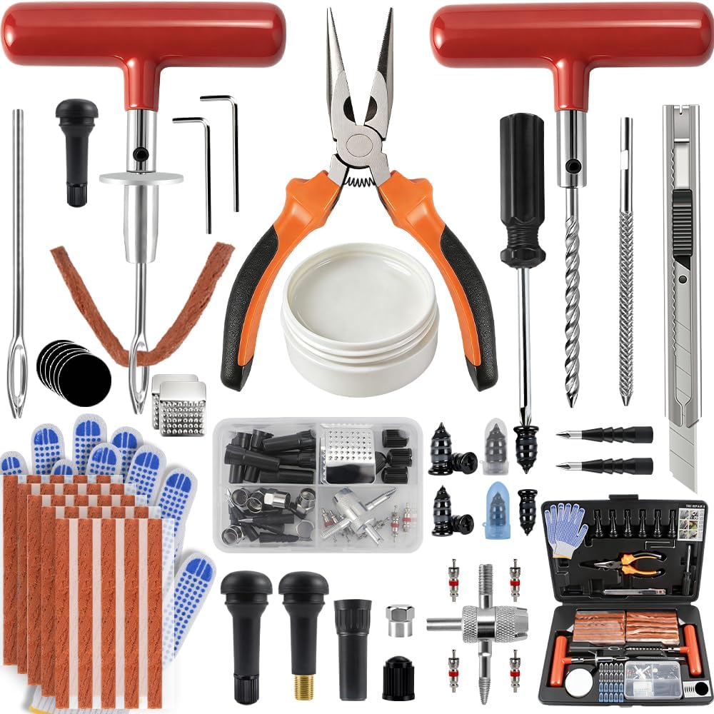 SBGGRL 132Pcs Heavy Duty Tire Repair Kit, Professional Tire Plug Kits with Rubber Nails, 50Pcs Plugs, Fix a Flat Puncture Patch Tools for Motorcycle