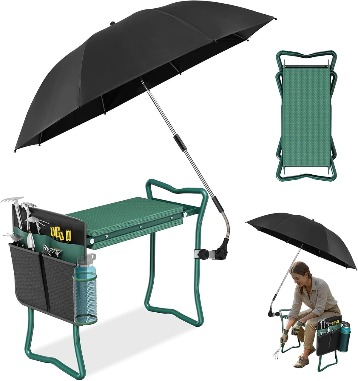 OAOA innovation Garden Kneeler & Seat, 2-in-1 Garden Kneeler with Umbrella, Kneeling Bench & Black Umbrella, Portable Stool 330lb Capacity