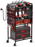 JUNNUJ Garage Tool Organizer, Large Power Tool Organizer Cart with Charging Station