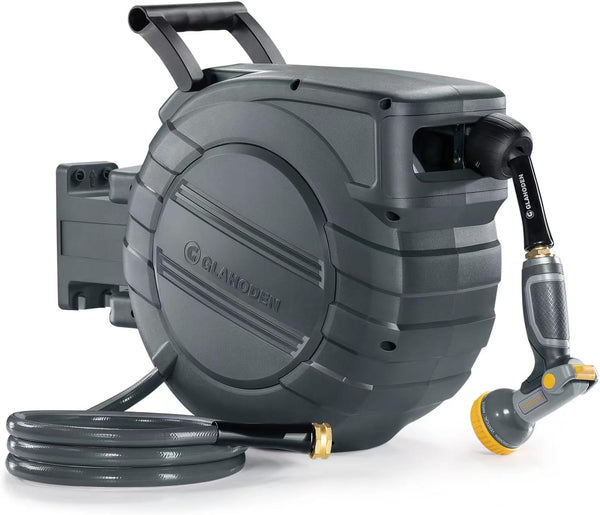 GLAHODEN Retractable Garden Hose Reel 5/8 in x 100 ft Upgraded UV Resistant Heavy Duty Automatic Hose Reel Wall Mount 3/4 in Brass Fitting 9 Pattern N
