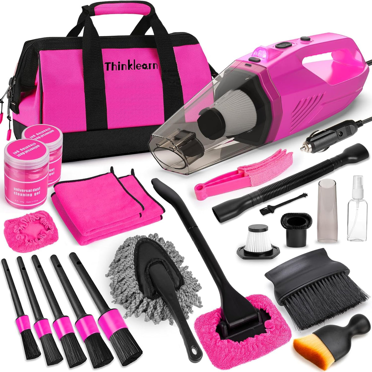 ThinkLearn Car Cleaning Kit, Car Corded Vacuum Detailing Kit Interior with High Power Handheld Vacuum, Including 7Pcs Detailing Brush Set