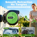 PQH Retractable Garden Hose Reel 100FT x 1/2 in, Wall Mount Water Hose Reel for Outside with Auto Rewind, Tangle-Free Guide, 180° Swivel Bracket