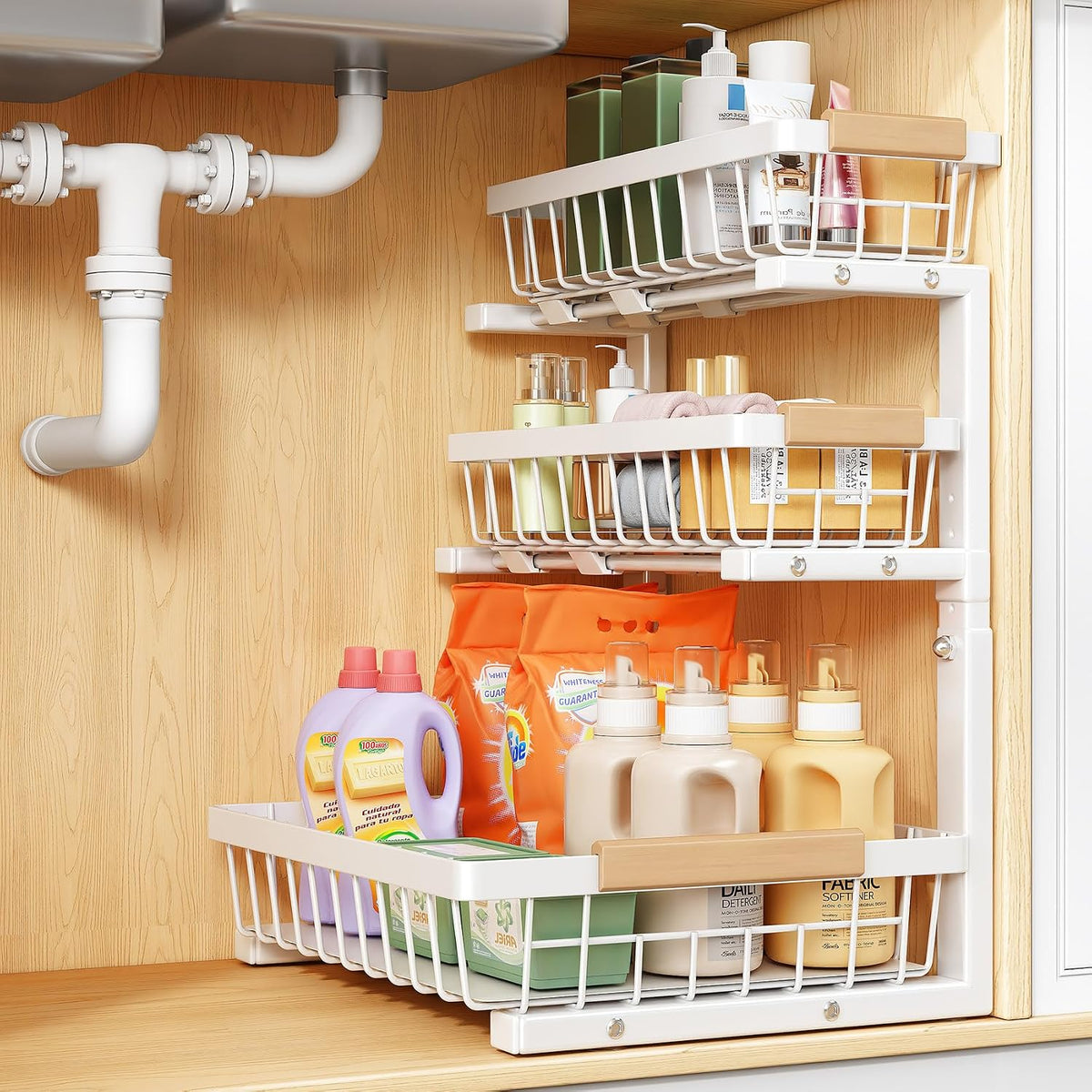 Home Storage Organizer, PXRACK Under Sink Organizer, 2-Pack 3-Tier Height Adjustable Thickened Metal Pull out Cabinet Organizer Shelf