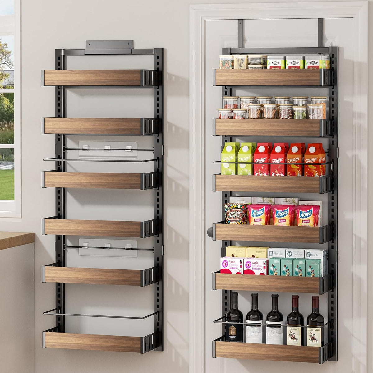 Home Storage Organizer, POKIPO 8 Tier Over The Door Pantry Organizer, 2 IN 1 Wall Mount or Hanging Spice Rack Seasoning Shelves with Adjustable Basket