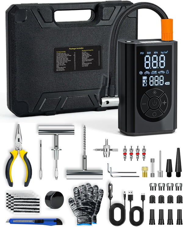 FRIWOLE Tire Repair Kit with Portable Air Compressor, Tire Plug Kit 58PCS with Cordless Tire Inflator (150 PSI) for Car, Motorcycle, Tractor, Truck