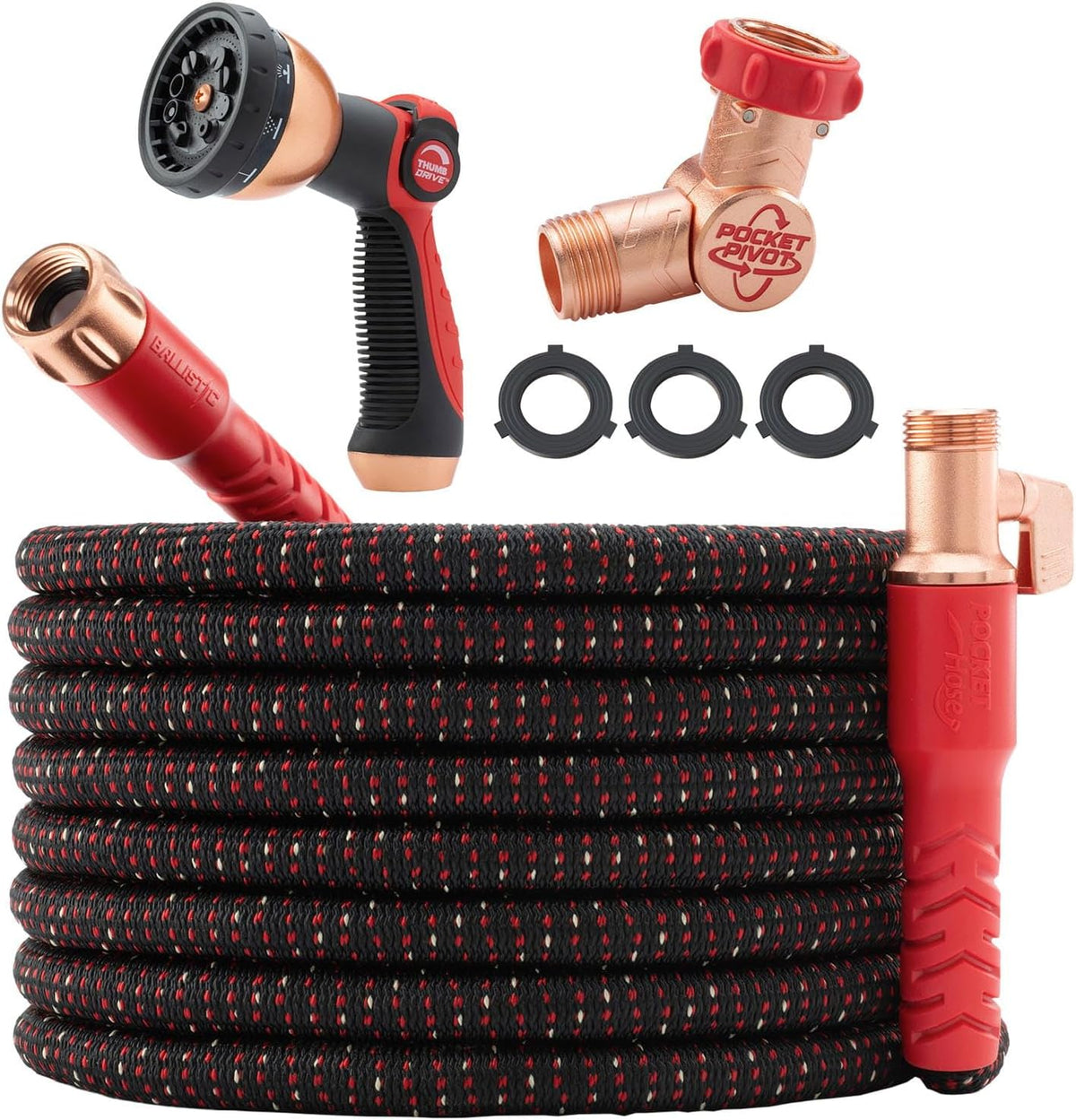 Pocket Hose Ballistic 50 FT Expandable Garden Hose w/Pocket Pivot Swivel Connector, Anti-Burst Sleeve Reinforced with Bulletproof Fiber, Lightweight